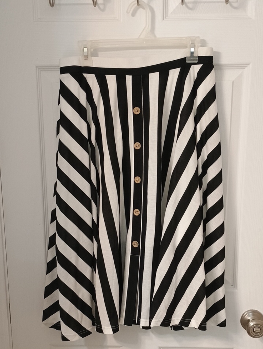 Cato Black and White Striped Circle Skirt with Front Buttons